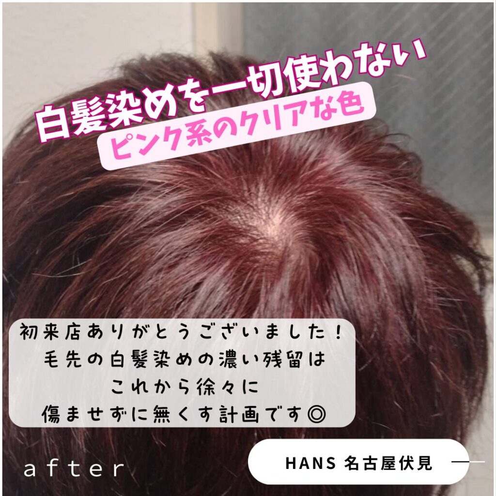 白髪染めとブリーチを使わない白髪ぼかしピンク系な春色/美容室ハンス名古屋