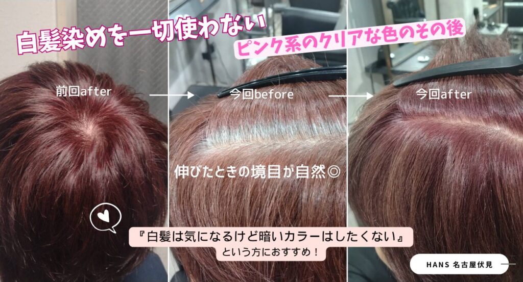 白髪染めを使わない白髪ぼかしピンク系透明感カラーのその後/美容室ハンス名古屋