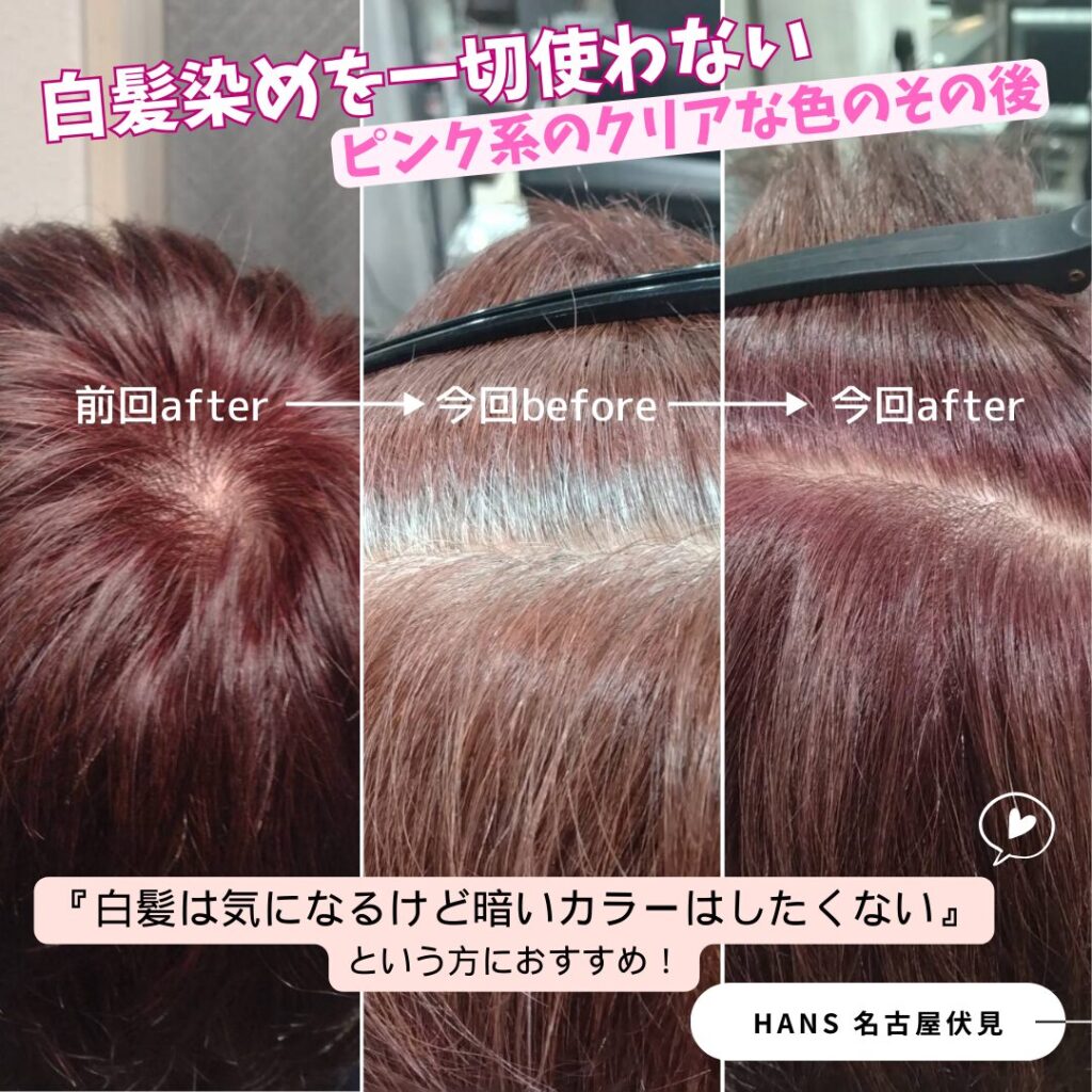 白髪染めを使わないピンク系透明感カラーのその後/美容室ハンス名古屋