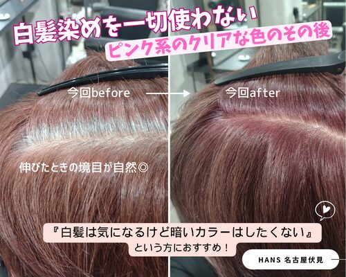 白髪染めを使わないピンク系透明感カラーのその後/美容室ハンス名古屋