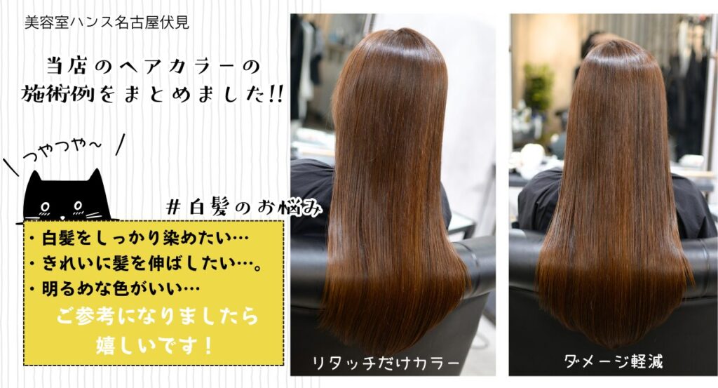 白髪リタッチだけのカラーでロングヘアのダメージ軽減/美容室ハンス名古屋