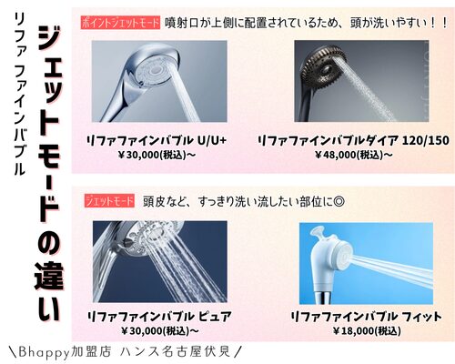 リファのシャワーヘッド徹底比較。ジェットモードの違い。リファファインバブルU,リファファインバブルダイア120/150、リファファインバブルピュア、リファファインバブルフィット