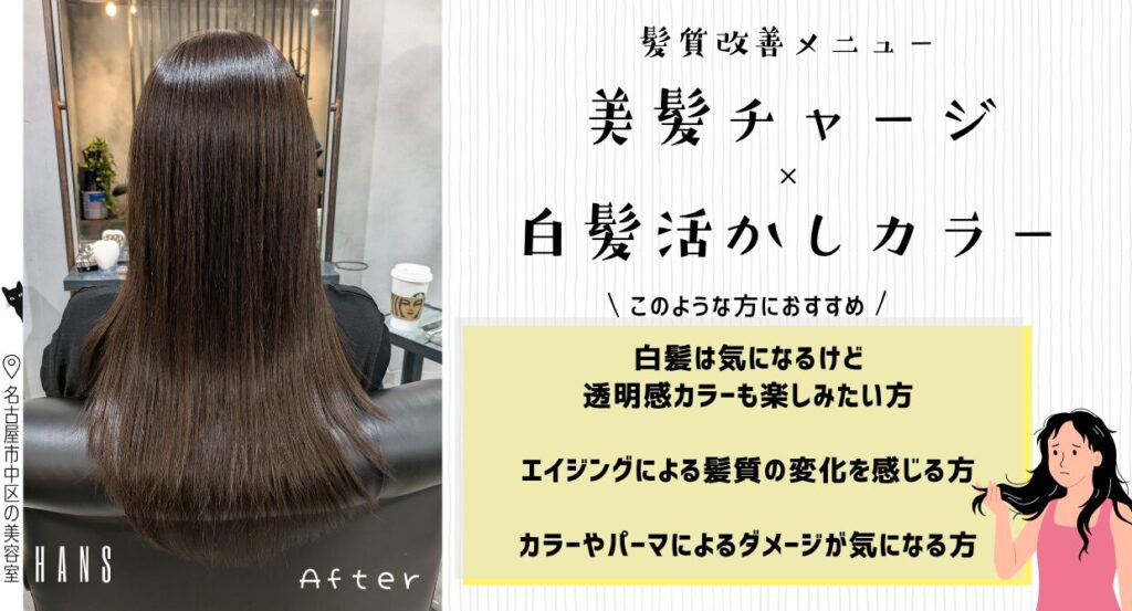 髪質改善美髪チャージろ白髪活かしカラー/美容室ハンス名古屋