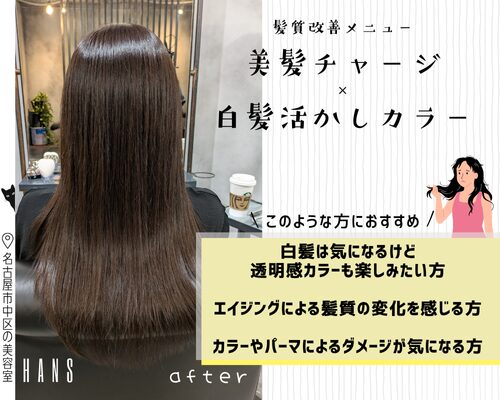 髪質改善美髪チャージろ白髪活かしカラー/美容室ハンス名古屋