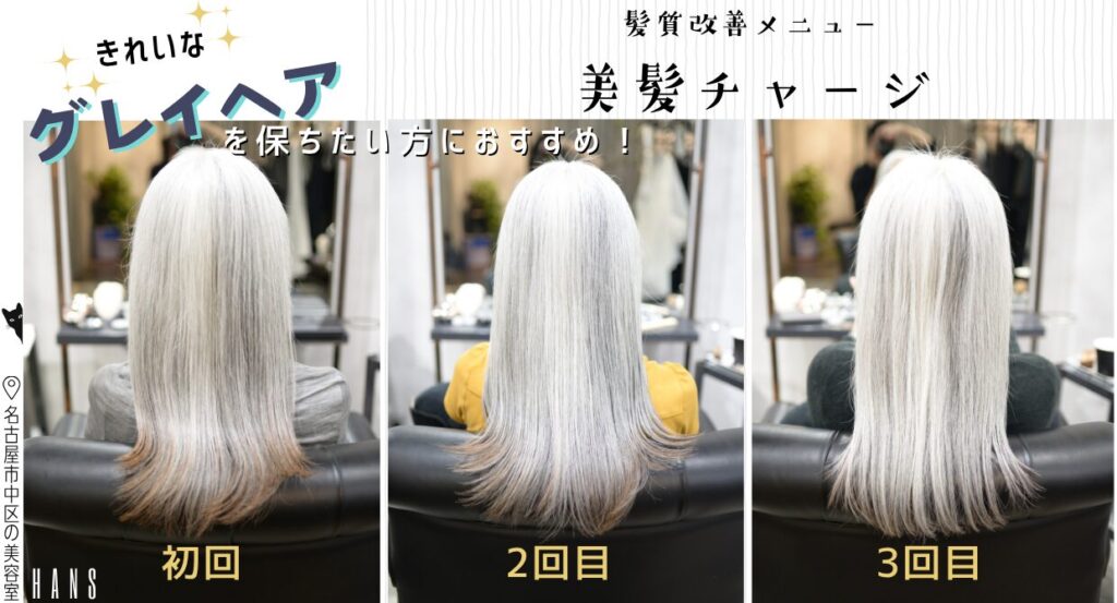 グレイヘアの髪質改善美髪チャージ3回の施術例/美容室ハンス名古屋