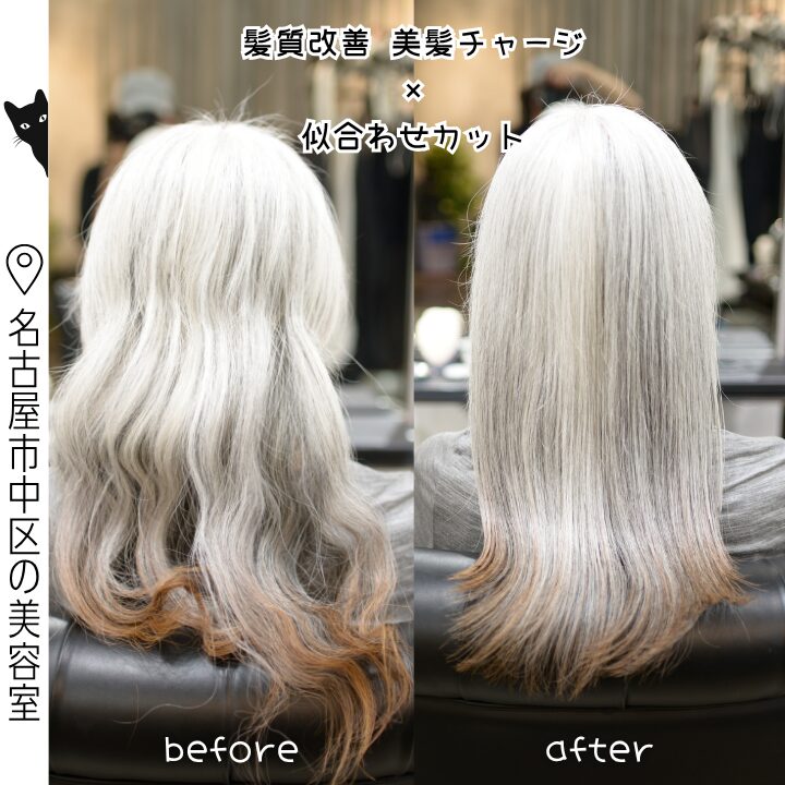 グレイヘアの髪質改善美髪チャージ3回の施術例/美容室ハンス名古屋