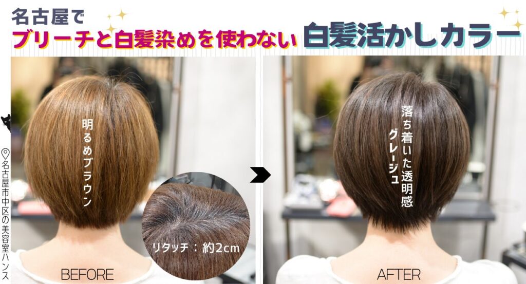 名古屋でブリーチと白髪染めを使わない白髪活かしカラー/美容室ハンス名古屋