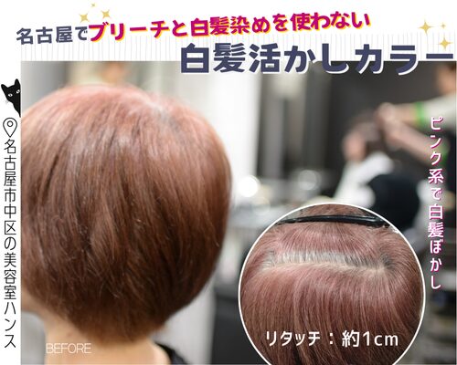 ブリーチを使わないピンク系の白髪ぼかしで脱白髪染め/美容室ハンス名古屋