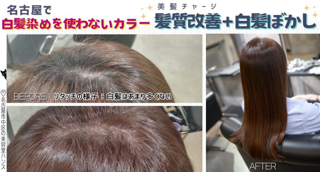 髪質改善と白髪ぼかしの施術例。名古屋で白髪染めを使わないカラー/美容室ハンス名古屋