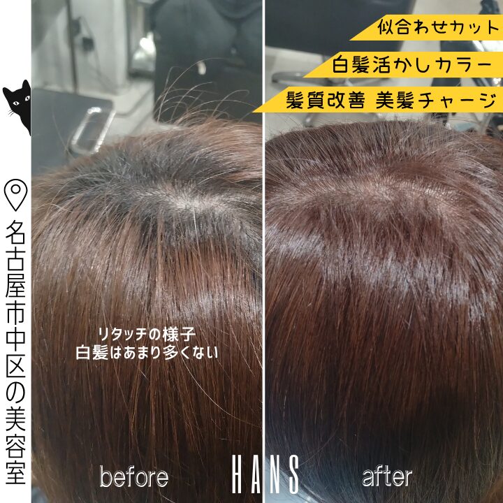 髪質改善と白髪ぼかしの施術例。名古屋で白髪染めを使わないカラー/美容室ハンス名古屋