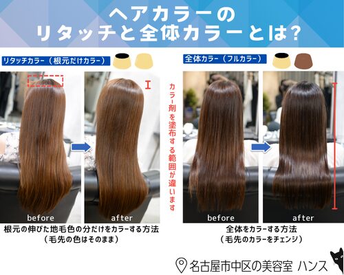 リタッチカラーと全体からの違いとは？施術例の紹介/美容室ハンス名古屋
