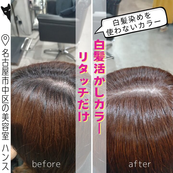 白髪染めを使わない白髪活かしリタッチカラーの施術例/美容室ハンス名古屋