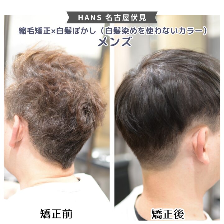 メンズ縮毛矯正と白髪染めを使わない白髪ぼかしカラー/美容室ハンス名古屋